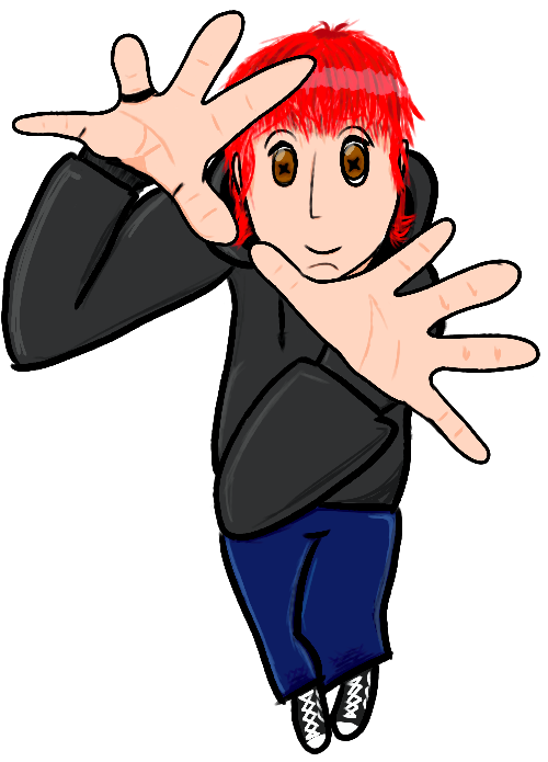 a drawing of a gender non-specific person with their hands up in a nü metal pose. They have vibrant red hair and are wearing a black hoodie, dark blue jeans, and black and white converse.